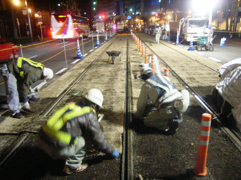 線路の幅にあわせて丁寧に芝を張り付けている写真